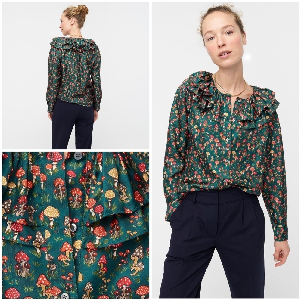NWT J Crew Collection Silk Twill Mushroom Floral Ruffle Collar Silk Top Blouse S